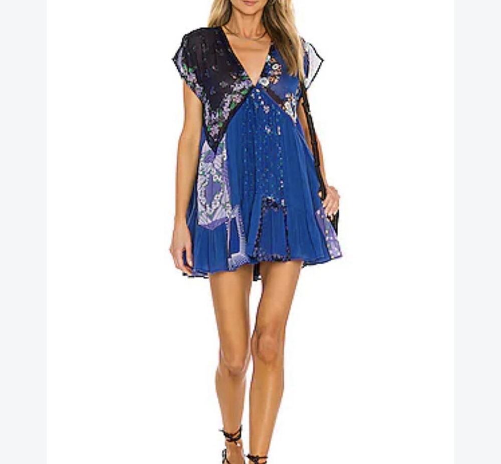 Free People Mended With Scarves Mini Dress Sz L Blue Patchwork Floral Boho Beach